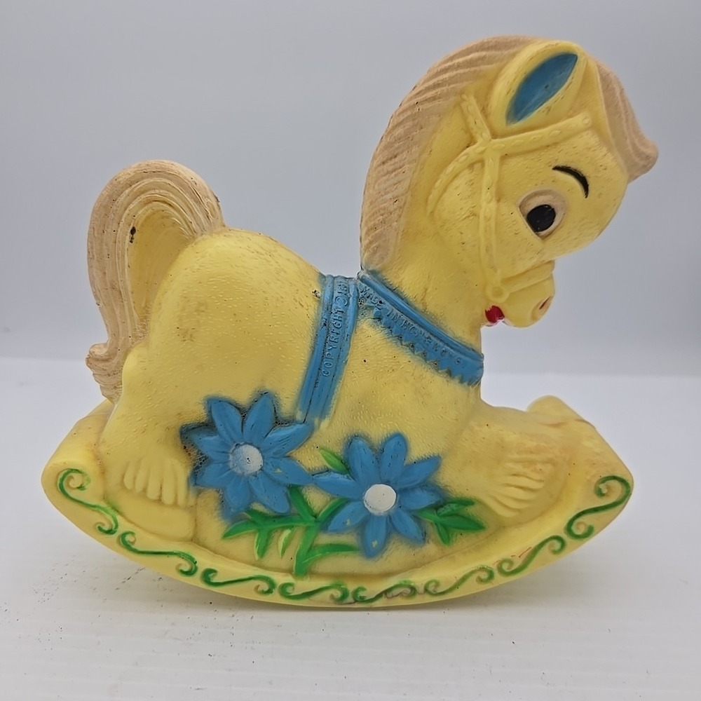 Vtg 1960's Plastic Rocking Horse Chimes Rattle Jingle Toy Yellow w/Blue‎ Flowers